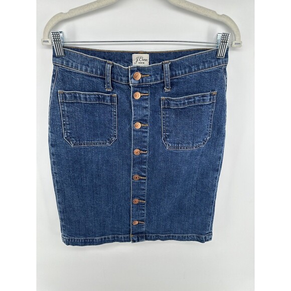 J. CREW DENIM PENCIL SKIRT SZ 28 DARK BLUE KNEE STRETCH COTTON BUTTON UP - Picture 1 of 3